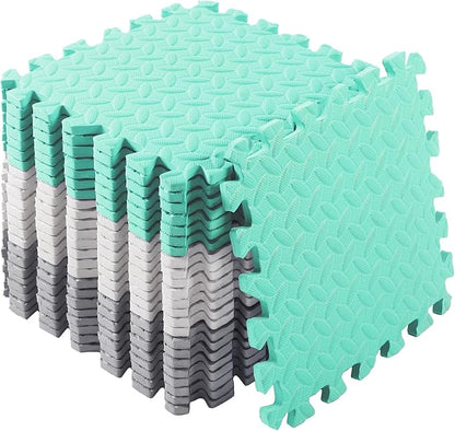 Shihanee Foam Floor Baby Tiles Foam Floor Mats Play Mats Bulk with Borders Interlocking for Kids Baby Playroom Nursery Gym (White, Gray, Green,64ft)