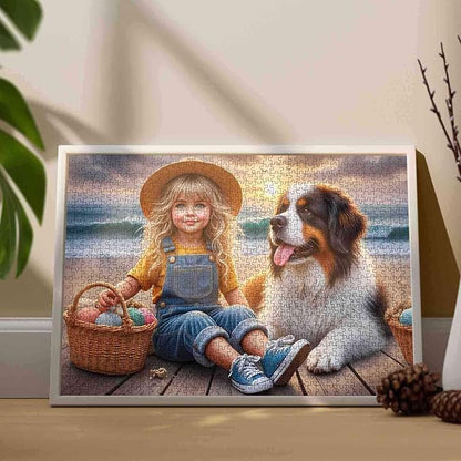 Girl and Dog 1000 Piece Jigsaw Puzzle for Adults, Sunset Beach Ocean Coastal Artwork Puzzles, Family Game Nights Activities, Home Wall Decor DIY Craft Gift and Fun Challenge Puzzle 27x20 Inch