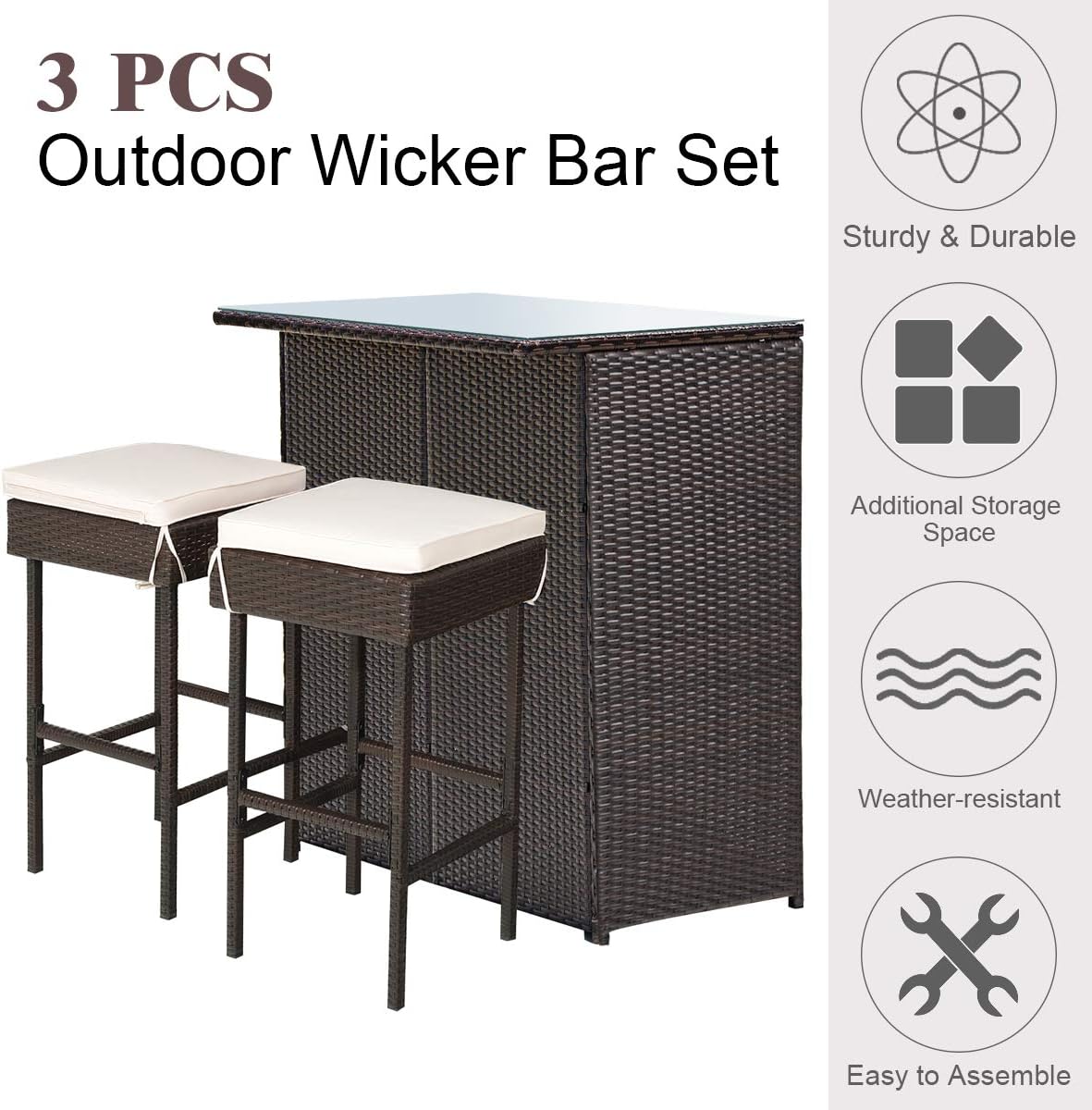 Tangkula Patio Bar Set, 3 Piece Outdoor Rattan Wicker Bar Set with 2 Cushions Stools & Glass Top Table, Outdoor Furniture Set for Patios Backyards Porches Gardens Poolside (Beige)