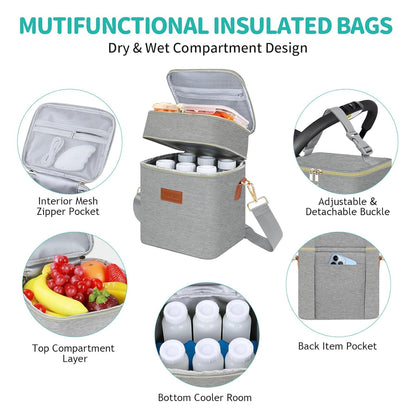 PIIOSER Breastmilk Cooler Bag with Ice Pack Fits 6 Baby Bottles Up to 9 Ounce, Insulated Baby Bottle Tote Bags, Double Layer Waterproof Leak-Proof with Shoulder Strap for Nursing & Working Mom (Grey)