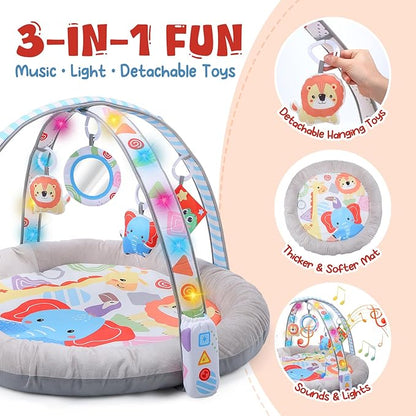 CUTE STONE Baby Gym Play Mat & Tummy Time Mat with Lights, Sounds, and Detachable Toys, Adjustable Volume Activity Gym for Infant Sensory & Motor Development, Newborn Baby Gift