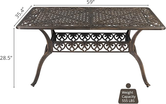 Outvita 59inch Patio Dinning Table, Outdoor Cast Aluminum Large Rectangle Table with Umbrella Hole and Antique Design for Backyard Pool Balcony Deck