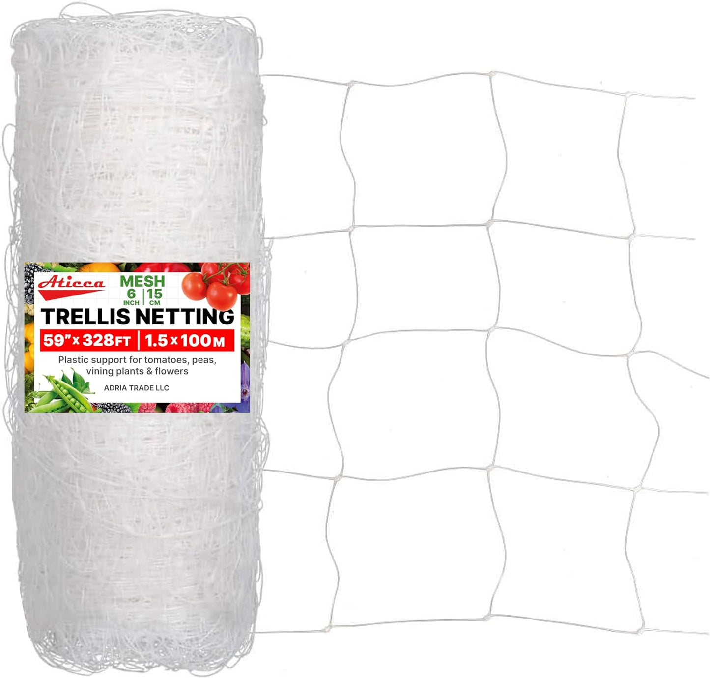 Plastic Trellis Netting 59" x 328 ft Heavy Duty Plant Support Netting White - 6 Inch Garden Trellis on Roll - Mesh for Growing Vine Climbing Plants, Flowers, Peas, and Cucumber