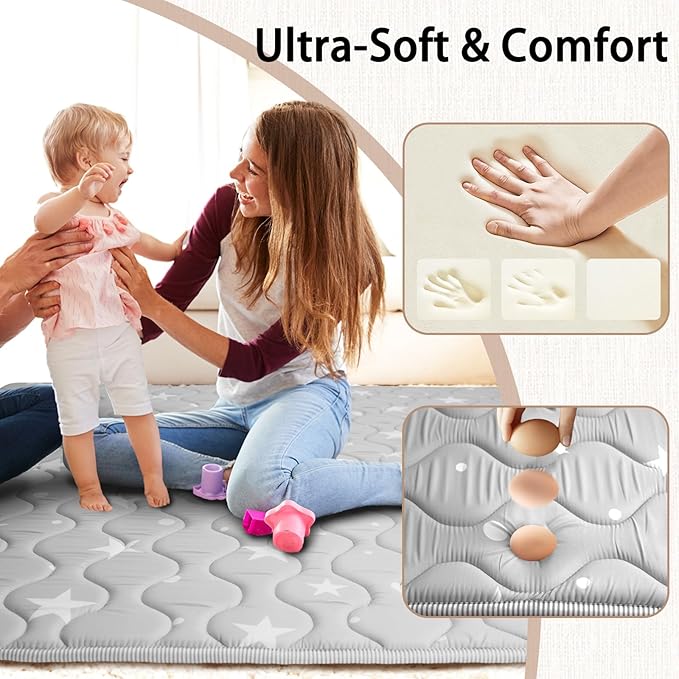 Baby Play Mat, 50x50 Playpen Mat, Thick Soft Foam Playmats for Baby, Foldable and Washable Crawling Mat for Floor (Gray Stars)
