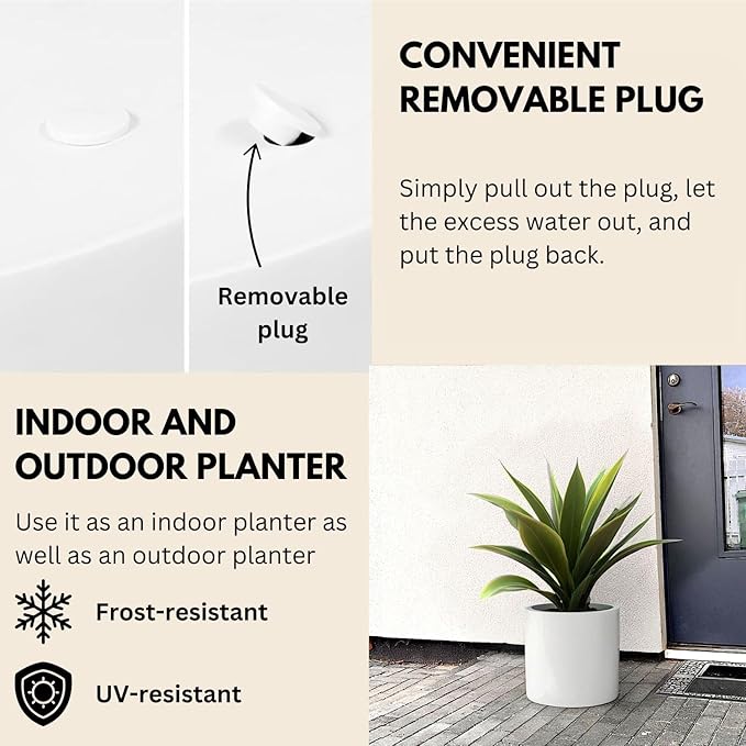 Fox & Fern Large 12 Inch Planter — Premium Lightweight Fiberstone Glossy White Plant Pot; Drainage Plug; Large Indoor & Outdoor Floor Planter; 12 Inch Pots for Plants; Weather Resistant & UV Resistant