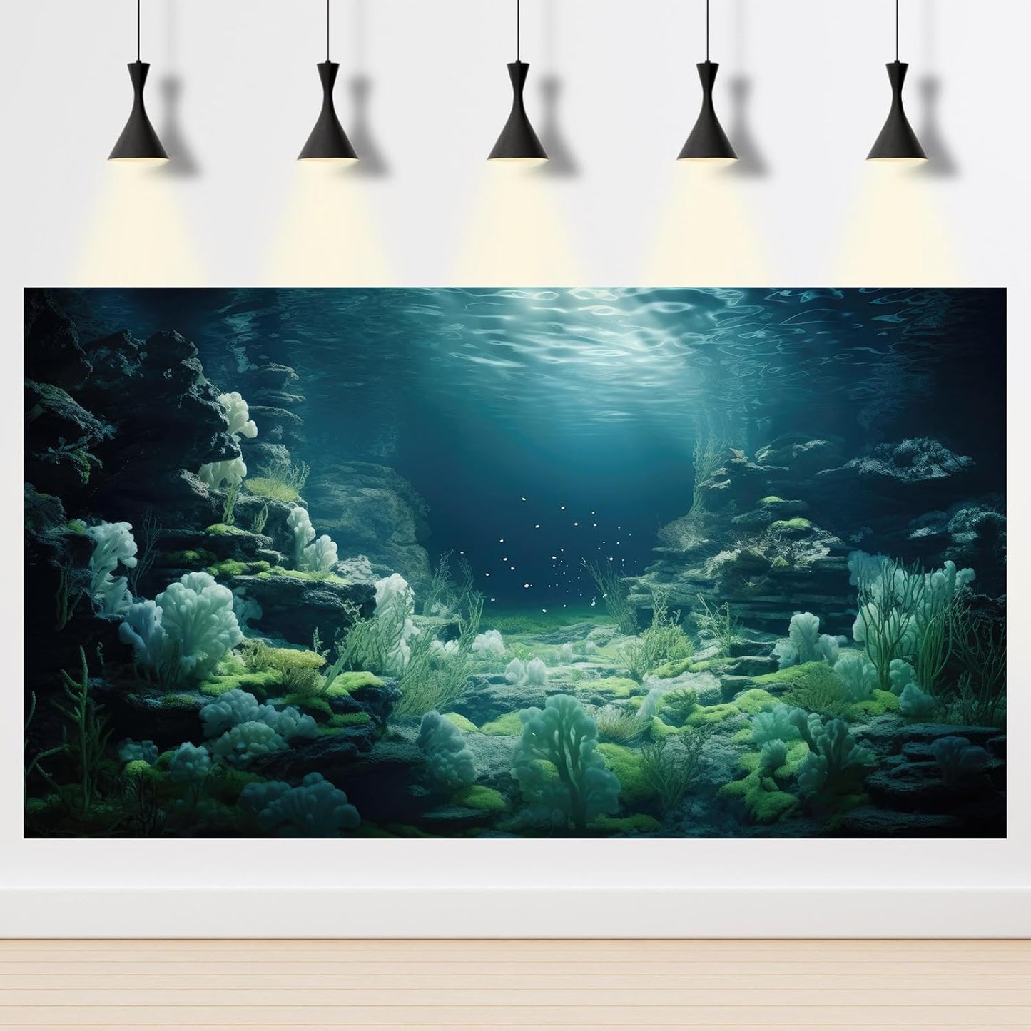 Aquarium Background Underwater Bioluminescent Life Coral Terrarium Backdrop White Coral Lush Moss Fish Tank Background Rock Sunlight Rays Tank Aquarium Wallpaper Poster Vinyl 24x16in