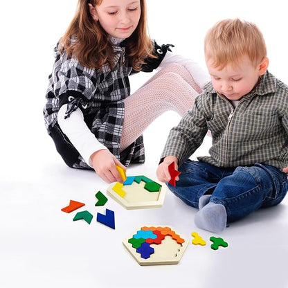 6 PCS Wooden Tangrams Puzzles for Kids, Wooden Hexagon Toddlers Puzzles Block Geometric Brain Teaser Wood Puzzle Tangram Logic IQ Toy Gifts for All Ages Boys Girls Adults Intelligence