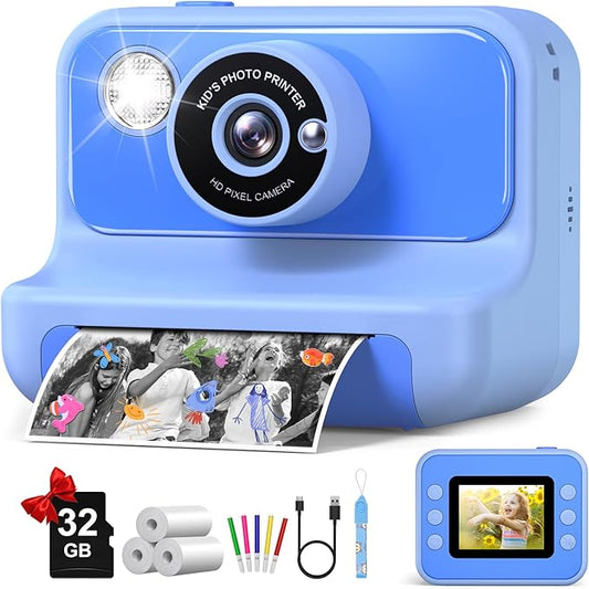 Kids Camera Instant Print, Christmas Birthday Gifts for Girls and Boys, Kids Camera with 32GB Card, Toddler Toy Camera for 3-12 Years Old, Blue