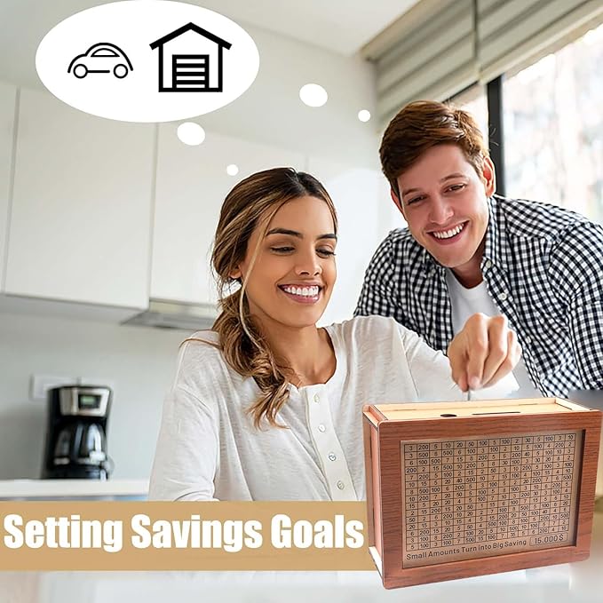 Cash Vault Wooden Savings Box 10000 5000 15000 3000 2000 1000 500 Cash Box with 2 Blank Savings Tracker, Official Save Box $10000 Brown