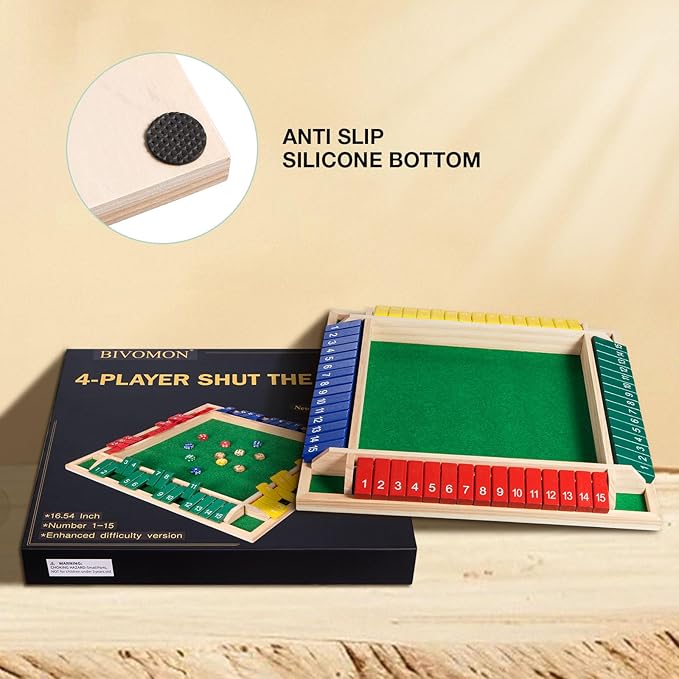 Upgraded 16.54'' Shut The Box Dice Game 4 Player-Colorful Wooden Close The Box Game with 15 Numbers + 16 Dices- Tabletop Math Board Game Kids & Adults