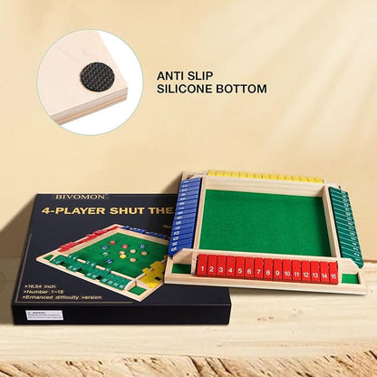 Upgraded 16.54'' Shut The Box Dice Game 4 Player-Colorful Wooden Close The Box Game with 15 Numbers + 16 Dices- Tabletop Math Board Game Kids & Adults