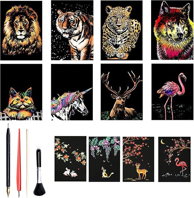 Georgie Porgy Scratch Paper Art A4 Set for Kids Adults Magic Rainbow Scratch Postcards Boards for DIY Arts and Crafts Kits Christmas Birthday Gift with Scratching Tools Kit (Magical Animals)