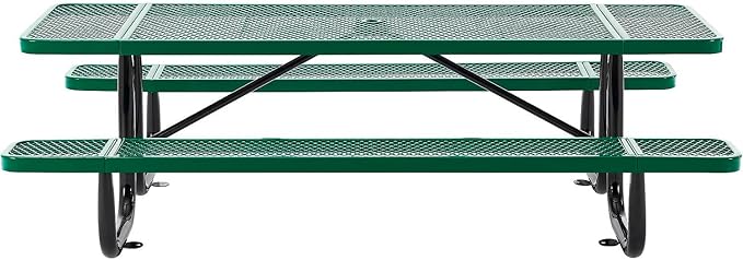 Global Industrial 8’L Rectangular Picnic Table, Expanded Metal, Green Thermoplastic Coating, Attached Benches, 1-1/2” Umbrella Pole Hole, Outdoor-Rated, 1000 lb Capacity, 96” x 30” Tabletop