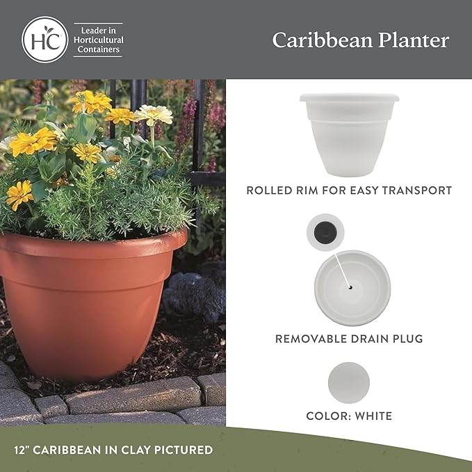 The HC Companies Caribbean Planter Pot - Outdoor & Indoor Plant Pot with Drainage Hole & Plug - Rolled Rim Plastic Pots for Plants & Flowers - Decorative Plant Pot (14" White, Pack of 2)