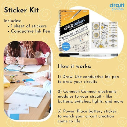 Circuit Scribe Sticker Kit | Circuit Drawing Conductive Ink Pen & 11 Electronic Sticker Modules | Workbook with 27 Lessons | Learning & Education STEM Toy for Ages 8+