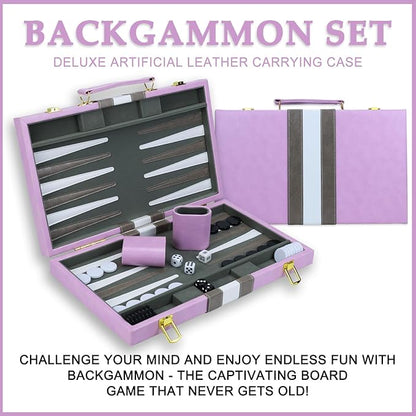 Backgammon Sets for Adults, 15 inch Backgammon Purple Sets Classic Board Game with Premium Leather Case, Portable Travels Strategy Backgammon Game Set for Adults, Kids (Purple)