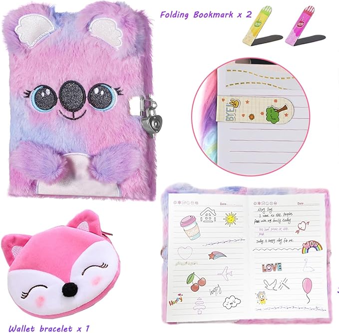 Girls Diary with Lock,Journal for Kids with Bookmarks Sticky Notes Pom Pom Pen Notebook for Writing and Drawing 160 Lined Pages Diary for Girls ages 6-8