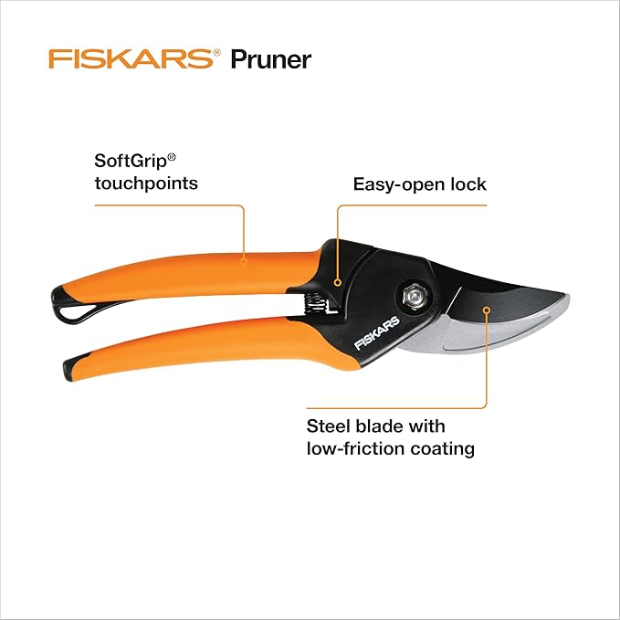 Fiskars Bypass Pruning Shears, 5/8-Inch Cut Capacity SoftGrip Hand Pruner for Small Hands, Blade Stays Sharp Through Heavy Use with Rust Resistant, Low-Friction Coating