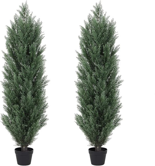 THE BLOOM TIMES 4ft Topiary Trees Artificial Outdoor 2 Pack – UV Resistant Faux Cedar Pine Cypress Bushes and Shrubs, Fake Potted Plants for Front Porch Outside Planter Patio Decor, Set of 2 (4 Foot)