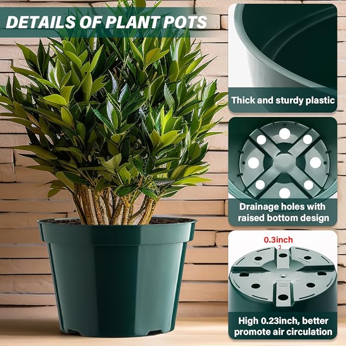 8 Inch Plastic Plant Pots, 15 Pack Sturdy Nursery Pots with Drainage Holes, Flower Planter Pots for Indoor Outdoor, Garden Containers Sets for Vegetable Herbs Flowers, Green