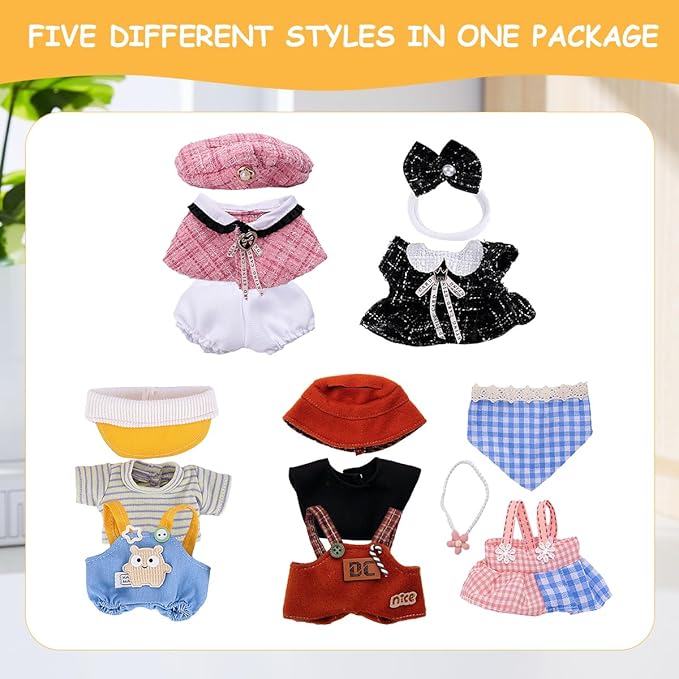 5 Complete Style Clothes Sets for 17cm Dolls - Hat & Overalls Dress Up Outfit for 17cm 15cm Dolls,Designer Outfits Bundle with Luxury/Cute/Sporty Themes, Gift for Doll Lovers (Cool, 17cm/15cm)