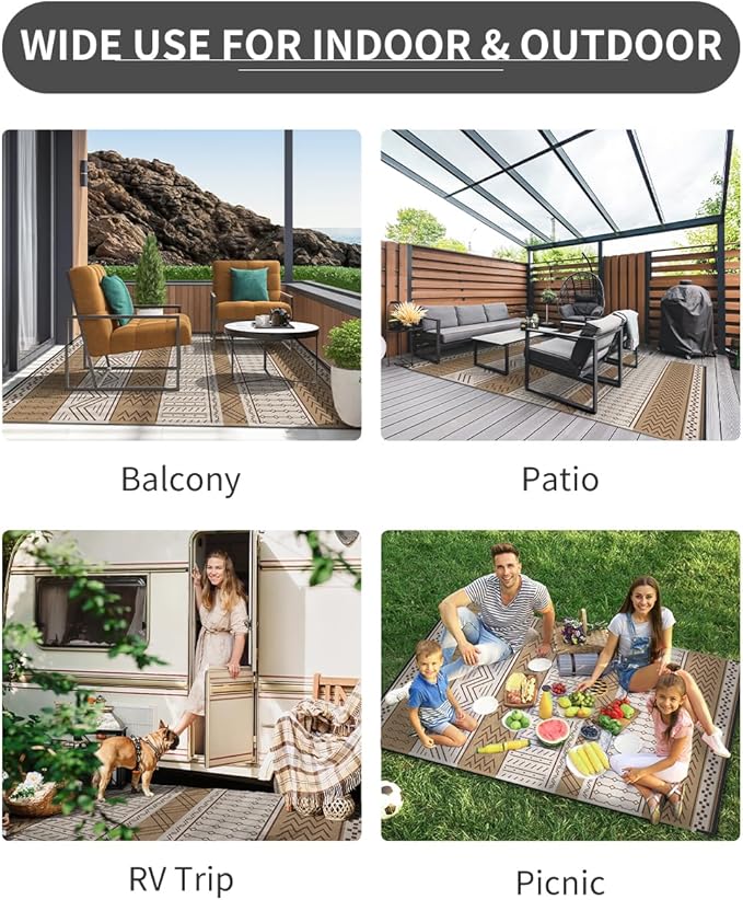 Outdoor Rug Carpet Waterproof 5x8 ft Patio Rug Mat Indoor Outdoor Area Rug for RV Camping Picnic Reversible Lightweight Plastic Straw Outside Rug for Patio Decor Decoration Boho Rug Brown Beige