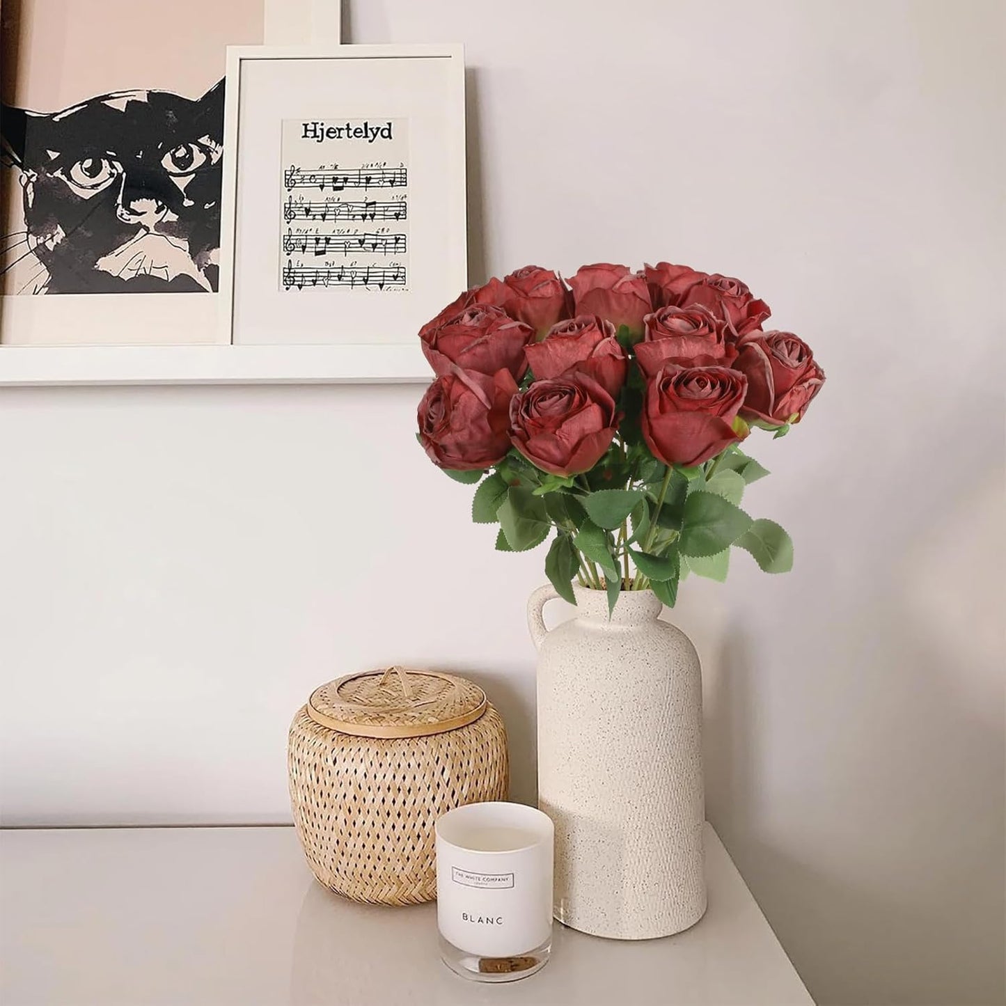 12 pcs Roses Artificial Flowers Vintage Red Burnt Edge Rose 20" Realistic Silk Roses Bouquet with Long Stem for Wedding Party Floral Centerpieces Decoration (Vintage Red)