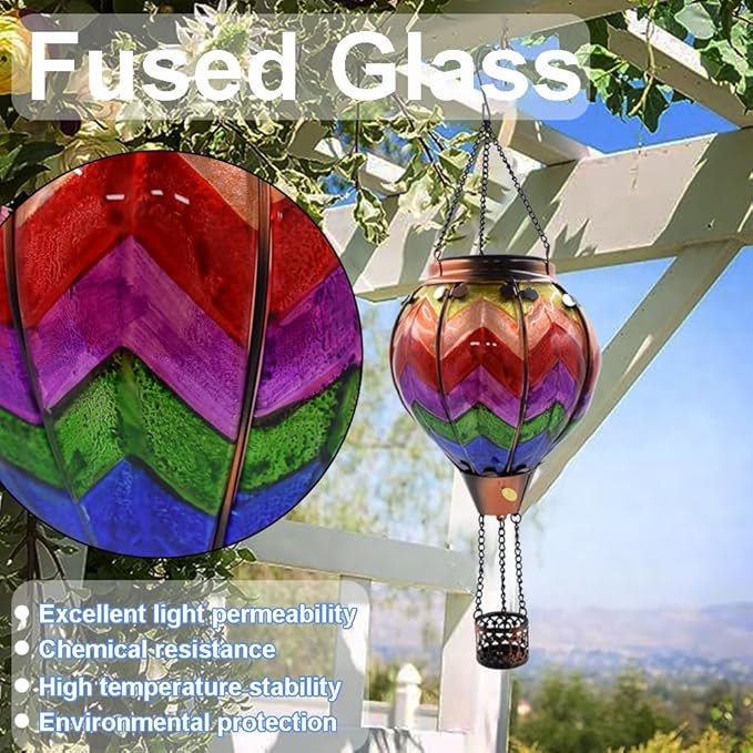 2PC Hot Air Balloon Solar Lantern, Wavy-Colorful Flickering Flame Hanging Solar Lanterns Outdoor Lights Waterproof Lanterns Decorative Garden Patio Yard Party Decor with 2PC Shepherd Hook