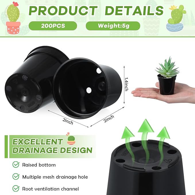 Yaomiao 200 Pcs 2 Inch Black Mini Plastic Plant Pot Nursery Seedling Pots Seed Starter with Drainage Holes for Indoor Outdoor Garden Succulent Plants Cuttings Transplanting