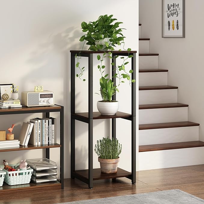Plant Stand Indoor 3 Tier Tall Metal Corner Storage Tiered Plant Shelf Holder Multiple for Living Room Balcony Garden,Black Oak (3 Tier-Black Oak)
