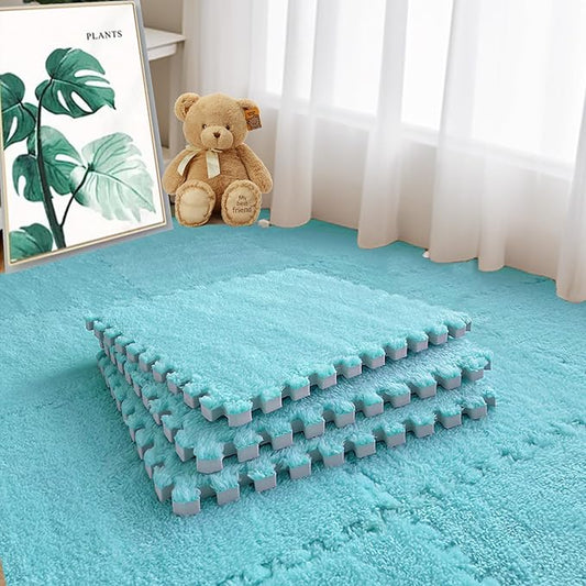 16pcs 0.6" Thickened Interlocking Tile Mats,Fluffy Shaggy Soft EVA Foam Area Rug for Living Room & Bedroom,Non-Slip Protective Floor Carpet Play Mat Kids Baby Dorm Home Decor (11.8ft, Blue)