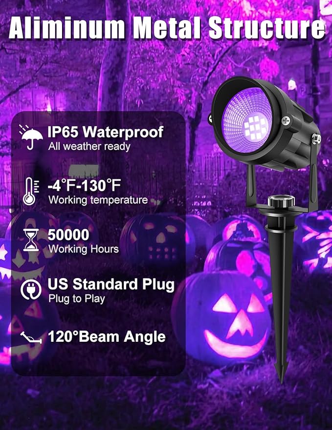 Outdoor Black Light Spotlight, LED Black Lights Waterproof Landscape Lighting with US Plug for Glow Party Body Paint Fluorescent Poster Stage Lighting Yard Garden Halloween Decoration(2 Pack)