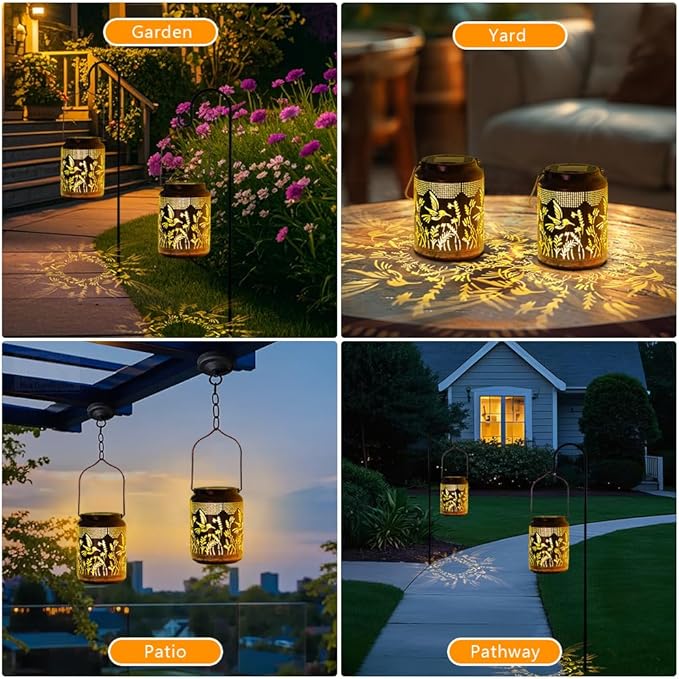 2 Pack Hummingbird Solar Lanterns Outdoor Waterproof LED 6.9" Metal Hanging Solar Lights Outdoor Hummingbird Decorative Lanterns for Patio,Garden,Pathway,Lawn Yard Birthday Gifts for Women Mom