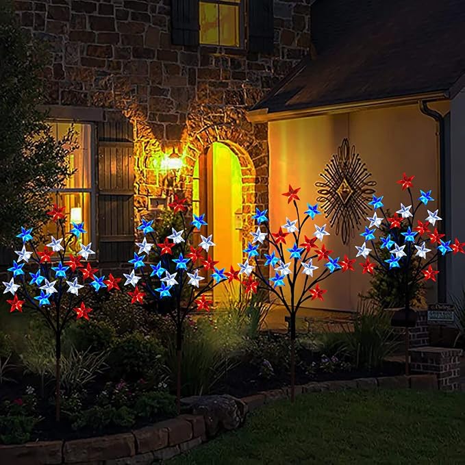Solar 4th of July Decorations Outdoor Lights, 4-in-1 8 Modes Red White and Blue Star Stake Lights, Waterproof Solar Patriotic Decorations Outdoor for Fouth of July Memorial Day Yard Pathway Grave