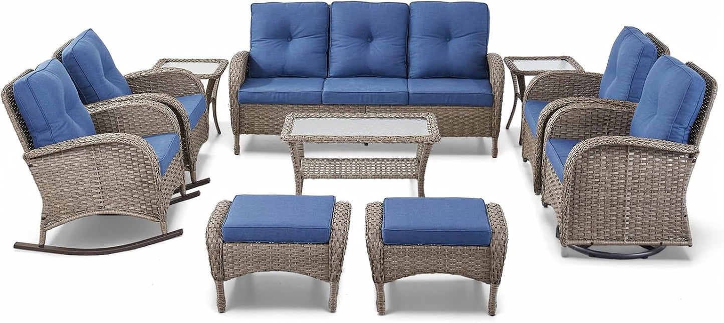 Patio Furniture-All Weather Wicker Patio Conversation Sets with Swivel Patio Chairs High Back Outdoor Couch with Swivel Rocking Chairs Outdoor Furniture for Deck Lawn Porch Balcony Poolside-Grey/Blue