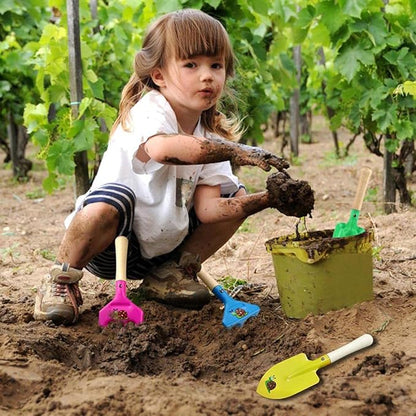 Kids Gardening Set Wooden Handle, 6 Pieces (Yellow+Green), Kids Beach Shovel Set, Sandbox Play Toy, Sand Shovel and Garden Hand Tool