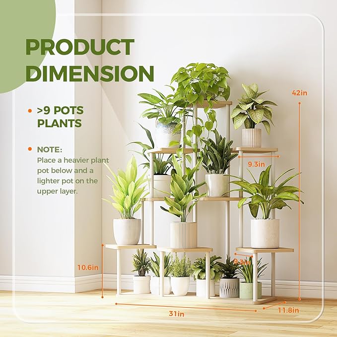 Bamworld Large Plant Stand Indoor, 9 Tier Tall Metal Plant Shelf for Multiple Plants, Tiered Flower Stand for Patio Garden Balcony Living Room Bedroom(White)