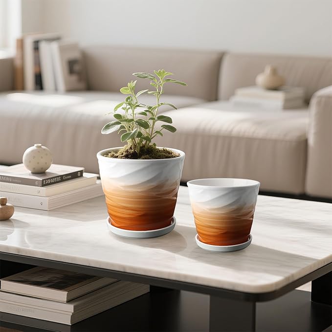 6.7 + 5.5 Inch Plant Pot, Ceramic Planter with Drainage and Saucer，Ceramic Pots for Plants, Indoor Plant pots，planters for Indoor Plants(Khaki + White)