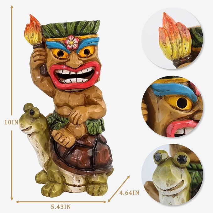 Solar Tiki Statue Light-Garden Turtles Outdoor Decor - Tiki Man Riding Turtle with Tiki Torch Solar Light for Tiki Bar Decorations, Patio, Balcony, Yard,Lawn,Gifts