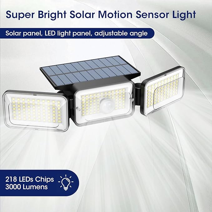 Solar Lights Outdoor Waterproof, Motion Sensor & Flood Outdoor Lights with Remote Control, 4 Adjustable Modes, 3000LM & 218 LED, High-Energy-Density Solar Panel-Monocrystalline Technology, 2 Pack