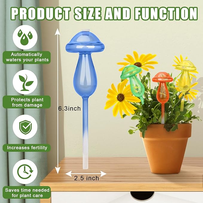 HYH Plant Watering Globes 4 Pack Colorful Mushroom Plant Watering Devices for Indoor & Outdoor Plants Self Watering Planter Spikes Insert Made from Hand-Blown Glass Gradient Rainbow Watering Globes
