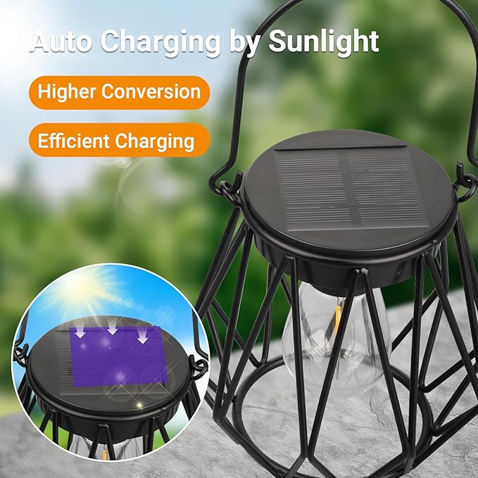 Solar Lanterns Outdoor Waterproof, Upgraded Powered Hanging Solar Lights for Outside, Auto On/Off, Brighter Hanging Outdoor Decor Lights for Yard Garden Patio Pathway 2 Pack