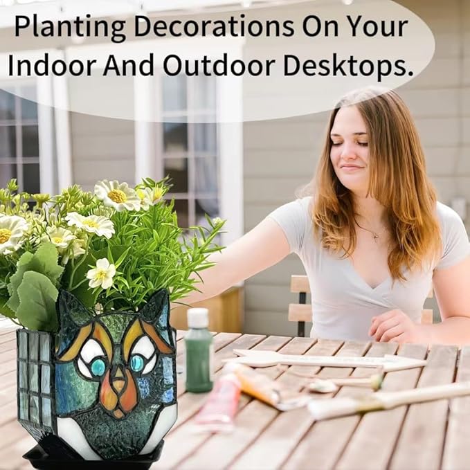 Cat Stained Glass Pot,Cat Flower Pots for Indoor Plants,Cat Plant Decor,Fun Plant Pots Gift 4.6x3x5.15 in(Excluding Plants)