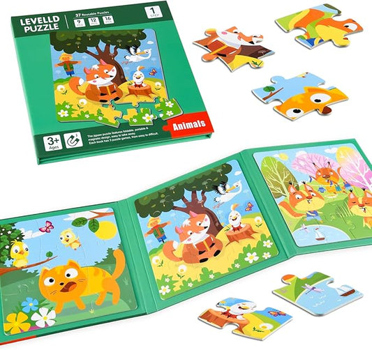 ASTARON Magnetic Puzzles for Toddlers, 9-12-16 Pieces Animal World Learning Magnet Puzzles for Road Trip, Educational Travel Toys Car Plane Activities for Kids, Kids Birthday Gifts