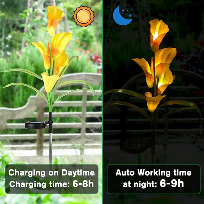 Veesee Solar Calla Lily Light, 2-Pack Solar Powered Flower Lights, Outdoor Multi-Color Changing Stake Lamp, Christmas Gift LED Yellow Calla Lily Lights for Garden Outdoor Landscape Lawn Yard