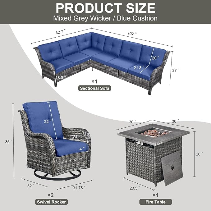 Outdoor Sectional Sofa Furniture Set with Propane Fire Pit Table, Wicker Patio Conversation Set with 2 Swivel Glider Rocker Chairs Blue Cushion Perfect for Backyard Casual Gathering