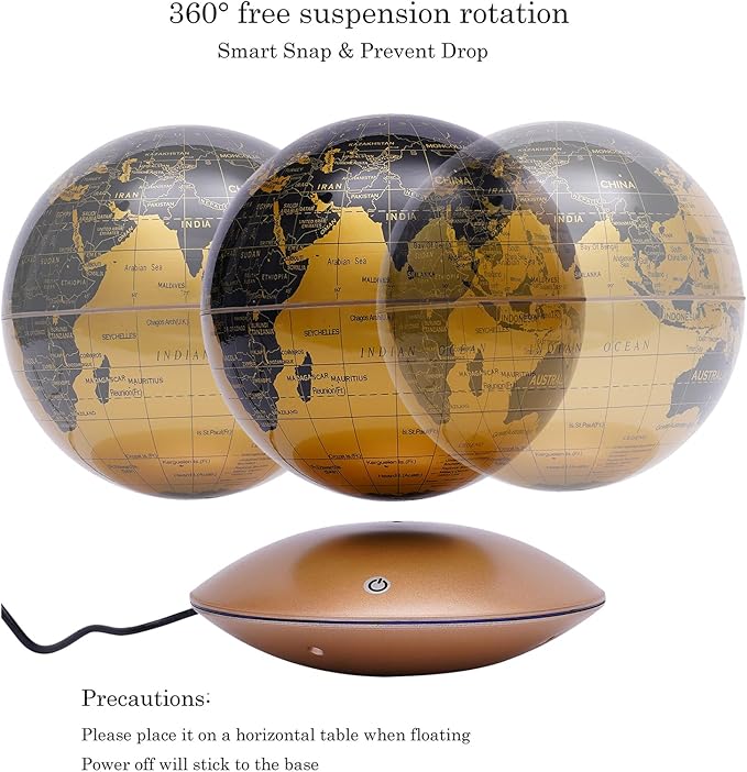 6" Magnetic Levitating Globe, 360°Rotating Geographic Globes Levitating Globes with LED Light Floating Magnetic Levitation Floating Globe for Desk Home Office Classroom Study Room(Gold/Single Color Light)