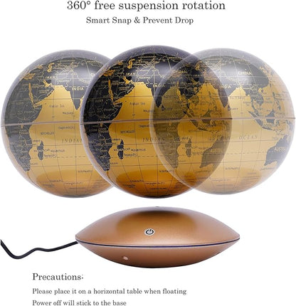 6" Magnetic Levitating Globe, 360°Rotating Geographic Globes Levitating Globes with LED Light Floating Magnetic Levitation Floating Globe for Desk Home Office Classroom Study Room(Gold/Single Color Light)