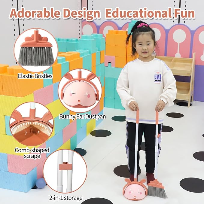 Kids Cleaning Toy Set, Mini Child Broom, Mop and Dustpan, Little Housekeeping Helper Set ,Pretend Home Cleaning Play Set for Toddler Age 1-5,6pcs (Pink)