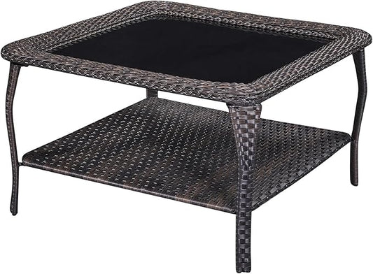 Patio Tables Outdoor Coffee Table - Wicker Rattan Coffee Tables with 2-Tier Storage Shelf Glass Top for Proch Deck Balcony Garden Squre Brown